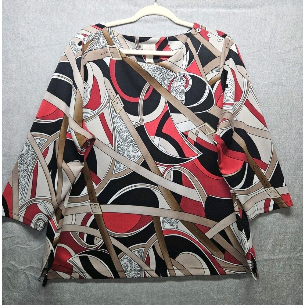 Chicos Red Black Belt Blouse Size XL 3/4 Sleeve Stretch Artsy Abstract